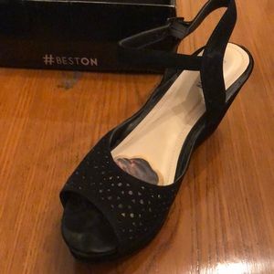 Black faux suede platforms